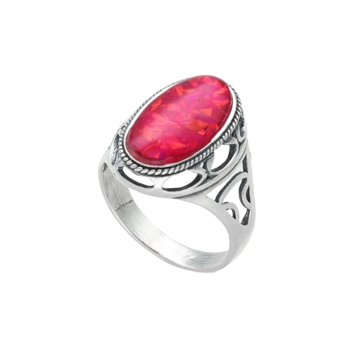 Pierścionek z opalem malinowym srebro oksydowane