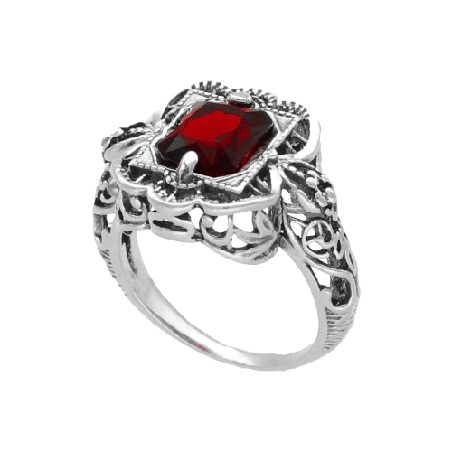 Efektowny pierścionek  z rubinową cyrkonią srebro oksydowane