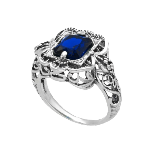 Efektowny pierścionek z szafirową cyrkonią srebro oksydowane