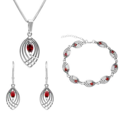 Komplet ażurowy z burgundową cyrkonią srebro oksydowane