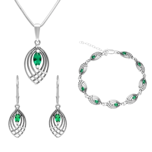 Komplet ażurowy ze szmaragdową cyrkonią srebro oksydowane