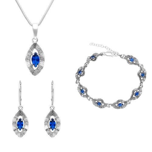 Komplet falowany z szafirowymi cyrkoniami srebro oksydowane