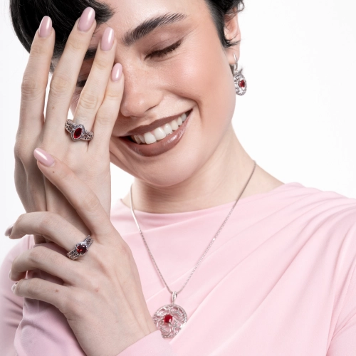 Komplet z rubinowymi cyrkoniami retro srebro