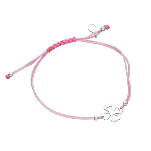 Bransoletka sznurkowa koniczynka różowa srebro