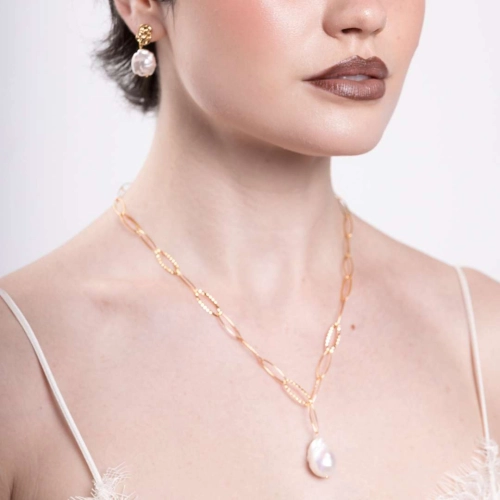 Efektowny naszyjnik z perłą naturalną srebro pozłacane