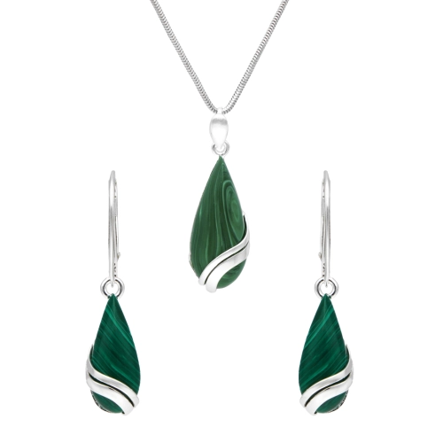 Komplet łezka z malachitem srebro