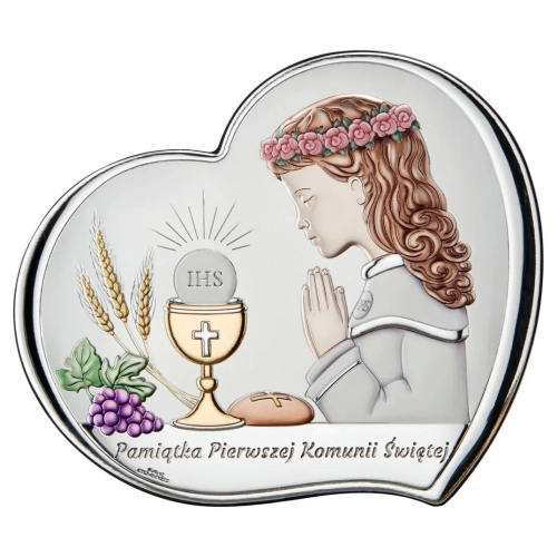 Kolorowy  Obrazek Serce – Pamiątka I Komunii Świętej dla dziewczynki (17.5x15 cm)