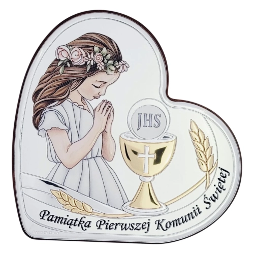 Kolorowy  Obrazek Serce – Pamiątka I Komunii Świętej dla dziewczynki (8x8cm)