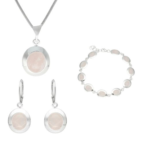 Komplet owalny z różowym kwarcem srebro