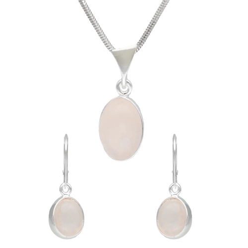 Komplet z owalnym różowym  kwarcem srebro