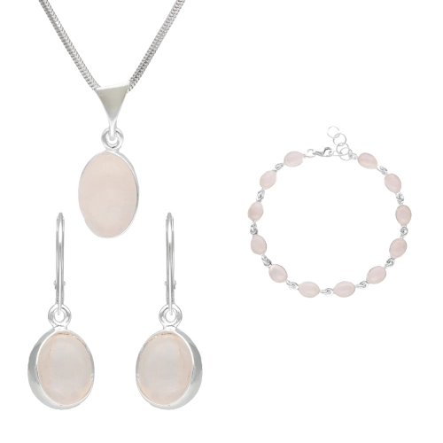 Komplet z owalnym różowym kwarcem srebro