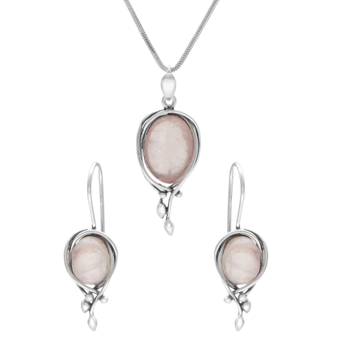 Komplet z owalnym różowym kwarcem srebro oksydowane