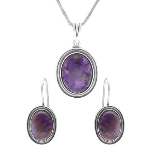 Komplet owalny z ametystem srebro oksydowane