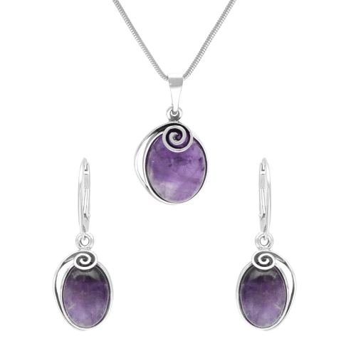 Komplet owalny ze spiralą i ametystem srebro oksydowane