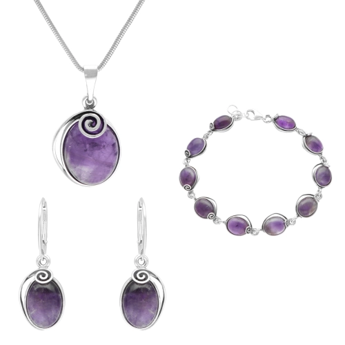Komplet owalny ze spiralą i ametystem srebro oksydowane