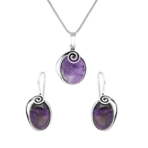 Komplet owalny ze spiralą i ametystem srebro oksydowane