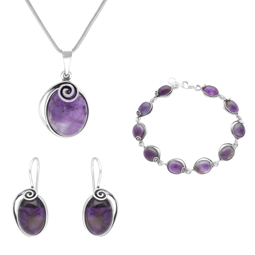 Komplet owalny ze spiralą i ametystem srebro oksydowane