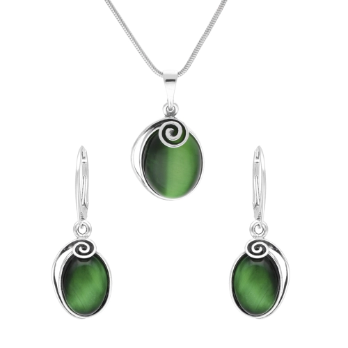 Komplet owalny ze spiralą i kocim okiem srebro oksydowane