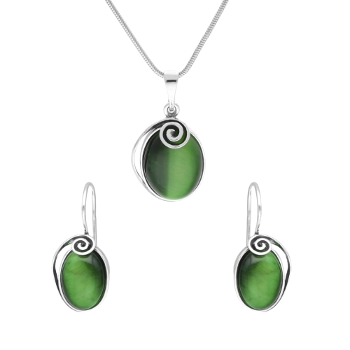 Komplet owalny ze spiralą i kocim okiem srebro oksydowane