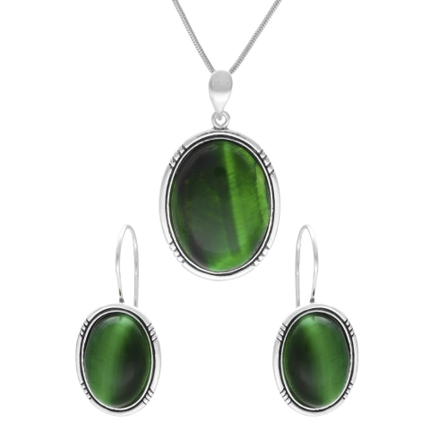 Komplet owalny z kocim okiem srebro oksydowane