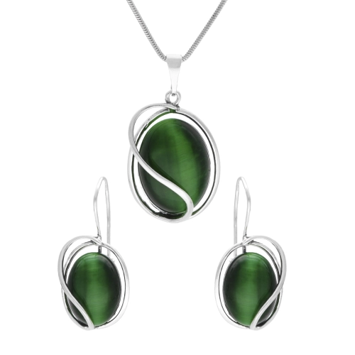 Komplet owalny z kocim okiem srebro oksydowane