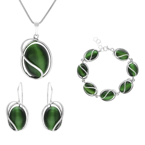 Komplet owalny z kocim okiem srebro oksydowane