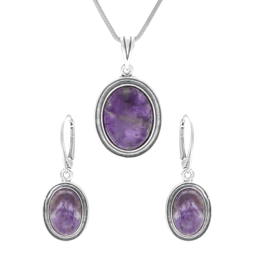 Komplet owalny z ametystem srebro oksydowane