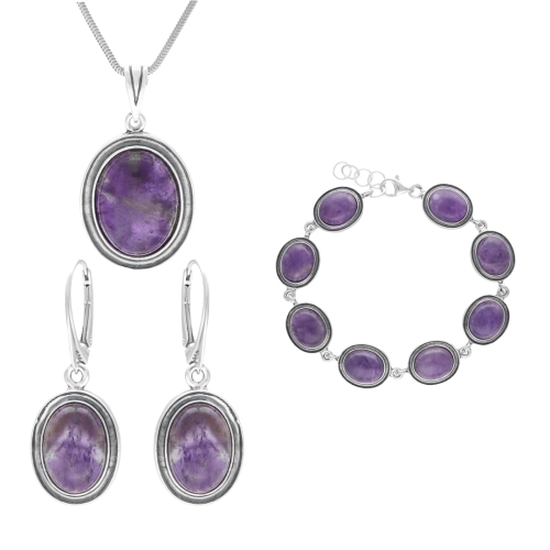 Komplet owalny z ametystem srebro oksydowane