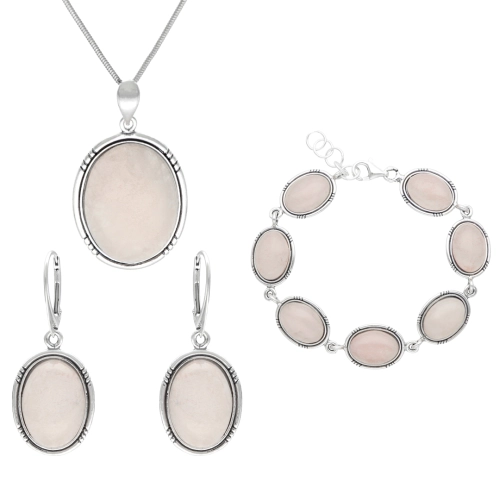 Komplet owalny z różowym kwarcem srebro oksydowane