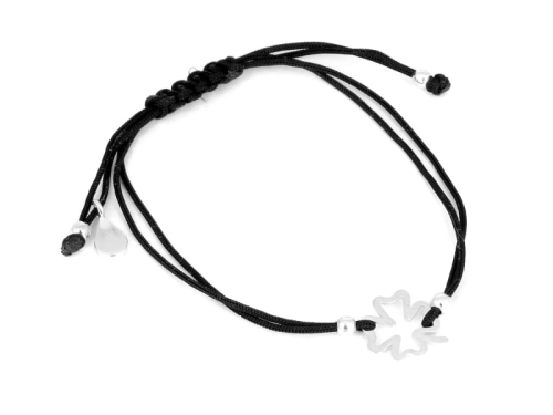 Bransoletka sznurkowa czarna koniczynka srebro