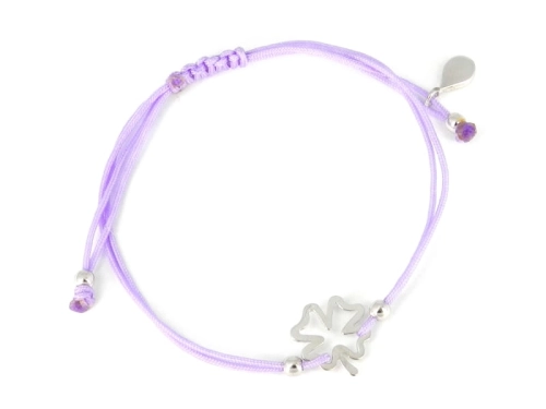 Bransoletka sznurkowa koniczynka fioletowa srebro 