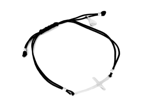 Bransoletka sznurkowa krzyżyk czarna srebro