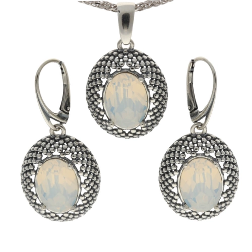 Komplet z białym kryształem owalny srebro