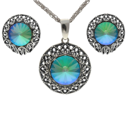 Komplet z zielonym okrągłym kryształem srebro