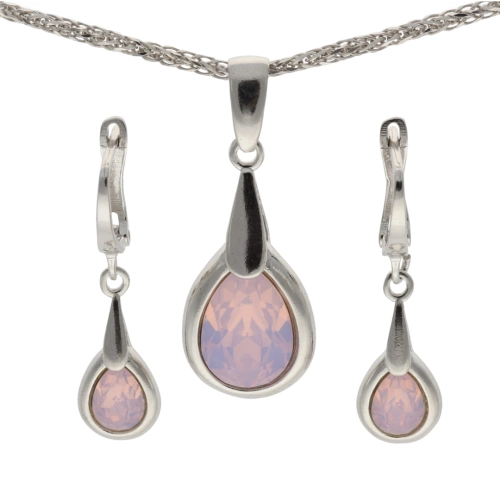 Komplet łezka z różowym kryształem srebro