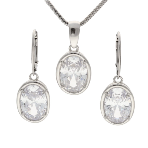 Komplet z białym kryształem owalny srebro