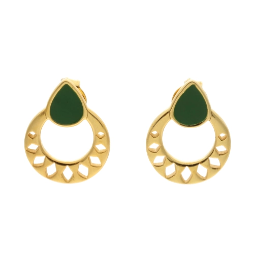 Ażurowe kolczyki z zieloną emalią srebro pozłacane