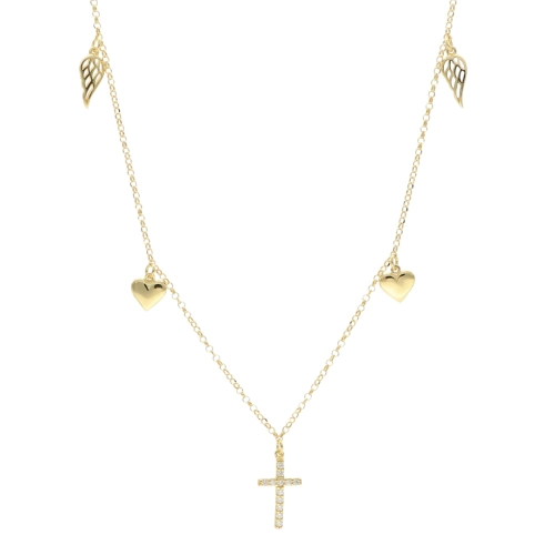 Naszyjnik krzyżyk serce skrzydło srebro pozłacane