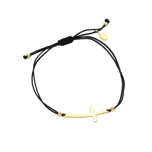 Bransoletka sznurkowa krzyżyk czarna pozłacana
