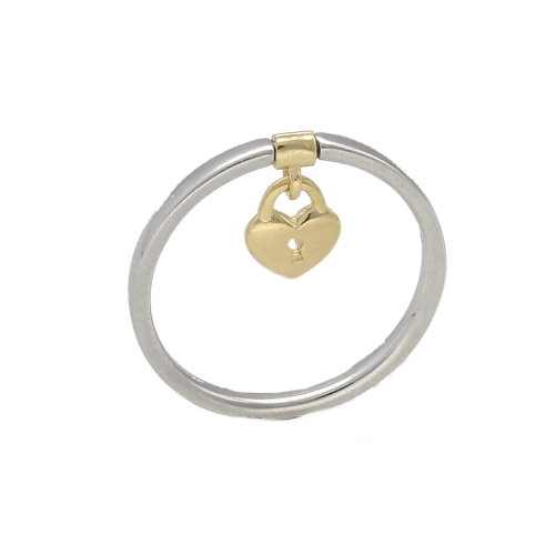 Pierścionek z ruchomą zawieszką serce kłódka srebro pozłacane