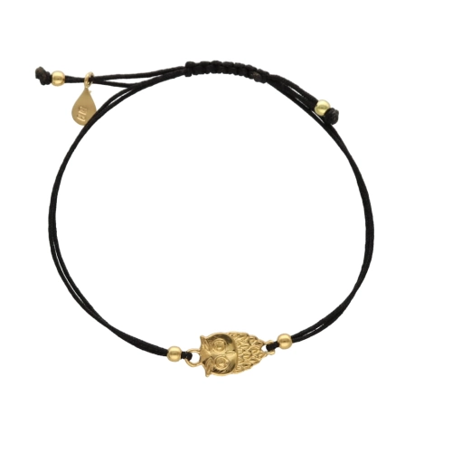  Bransoletka sznurkowa sowa czarna srebro pozłacane