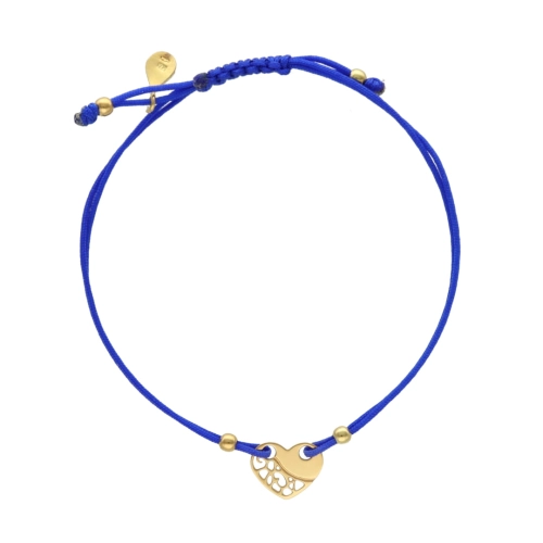Bransoletka sznurkowa serce niebieska srebro pozłacane