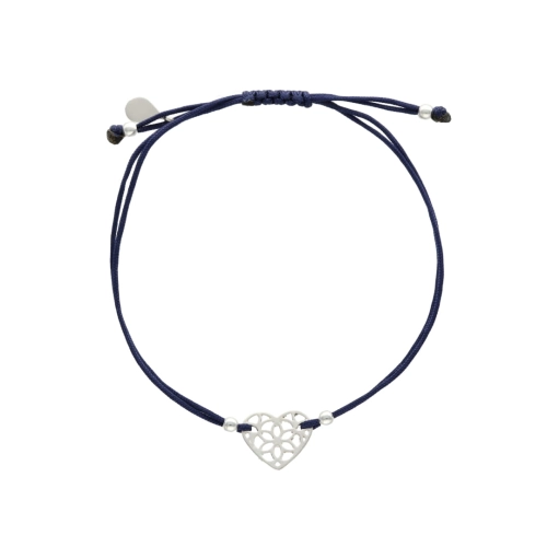 Bransoletka sznurkowa serce ażur granatowa srebro