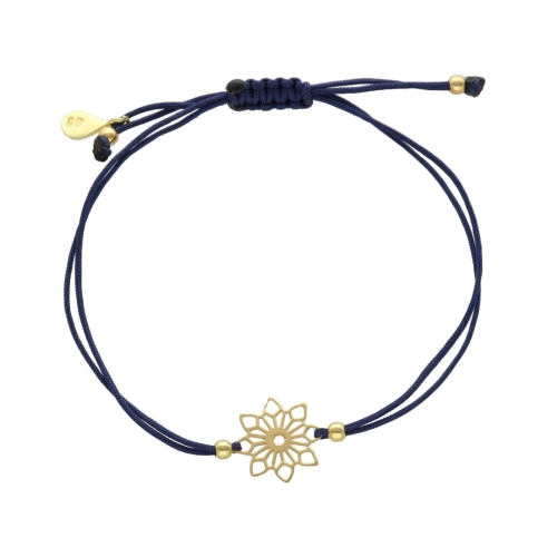 Bransoletka sznurkowa kwiatek granatowa pozłacana 