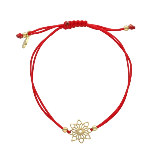 Bransoletka sznurkowa kwiatek czerwona pozłacana