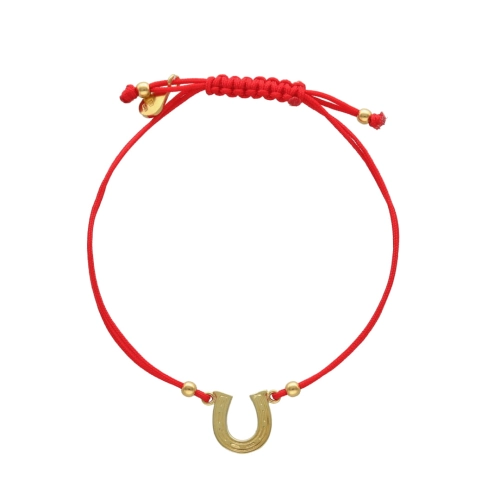 Bransoletka sznurkowa podkowa czerwona pozłacana 