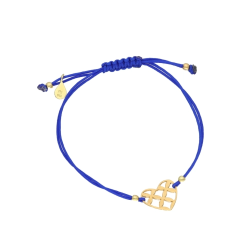  Bransoletka sznurkowa serce niebieska pozłacana