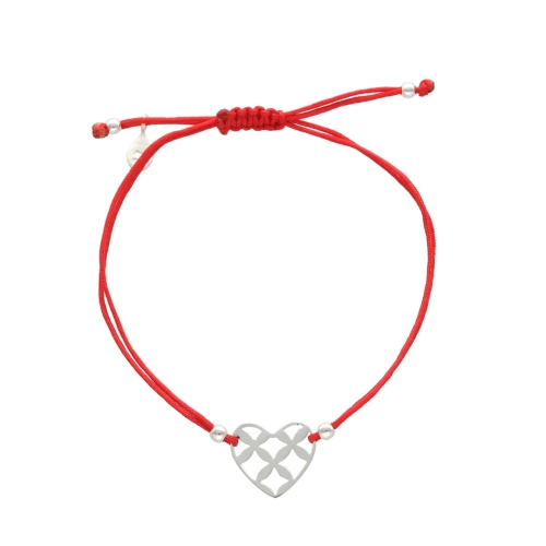  Bransoletka sznurkowa serce czerwona srebro