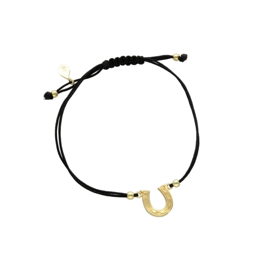 Bransoletka sznurkowa podkowa czarna pozłacana