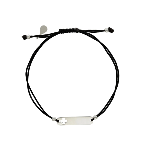 Bransoletka sznurkowa blaszka koniczynka czarna srebro